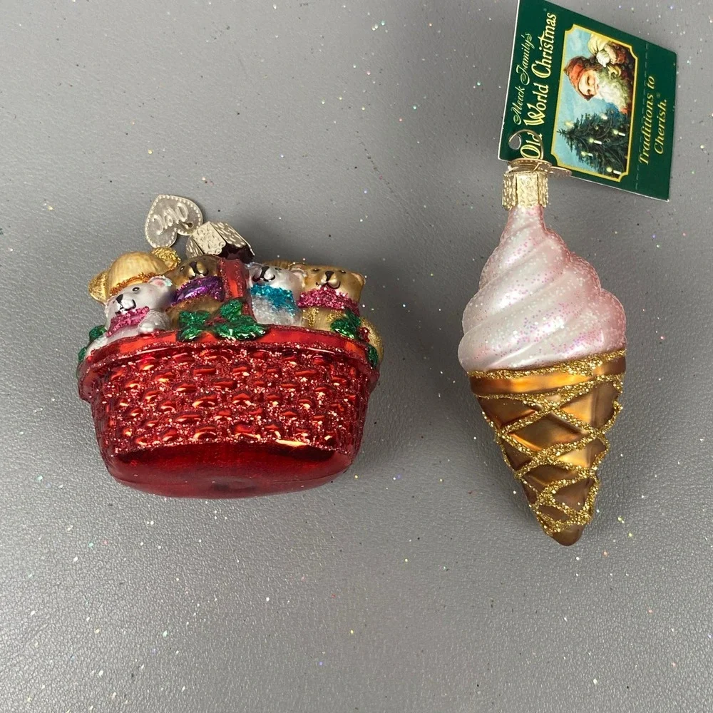 Old World Christmas Glass Ornaments Teddy Bear Basket & Pink Ice Cream Cone Set